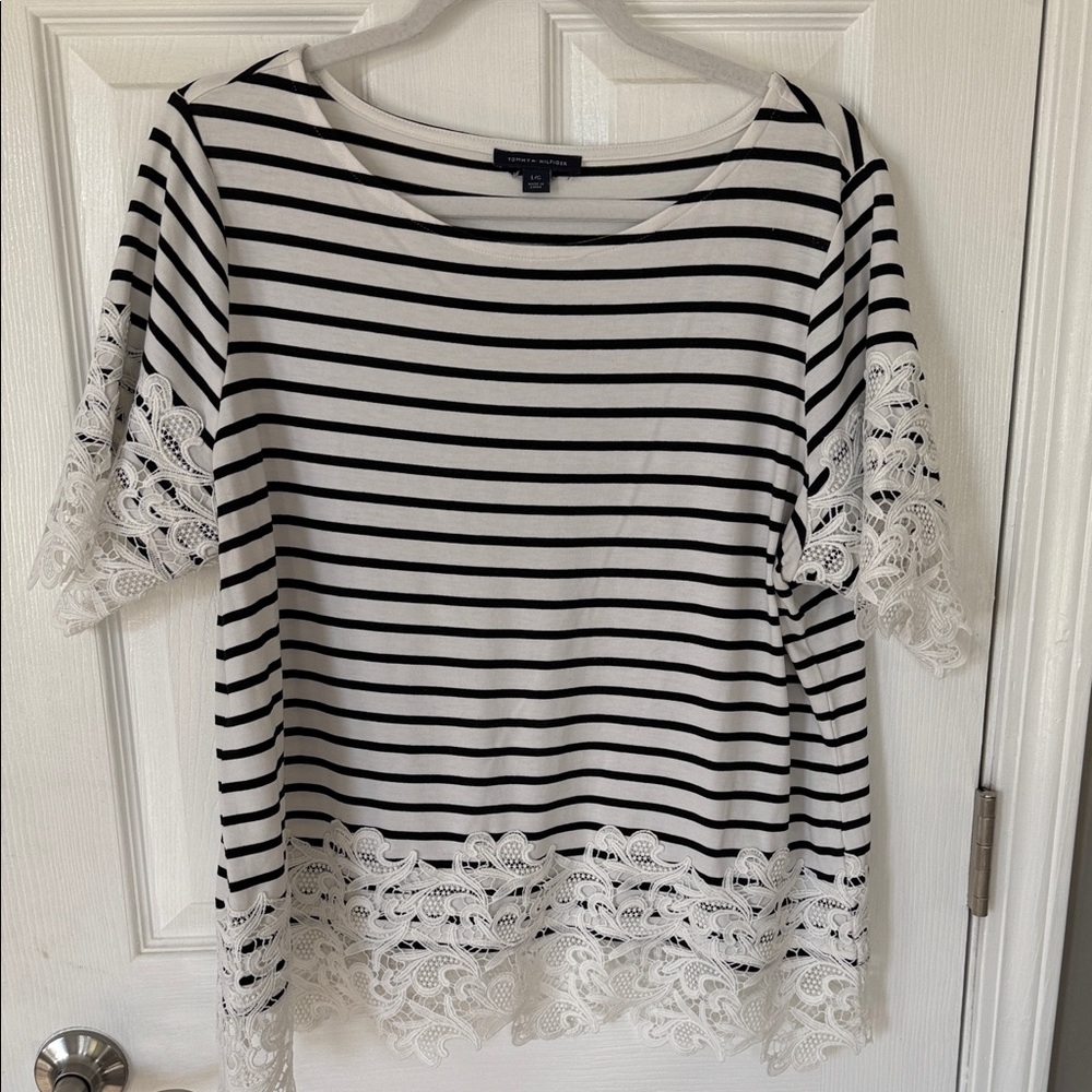 Tommy Hilfiger Black and White Striped Lace Tee